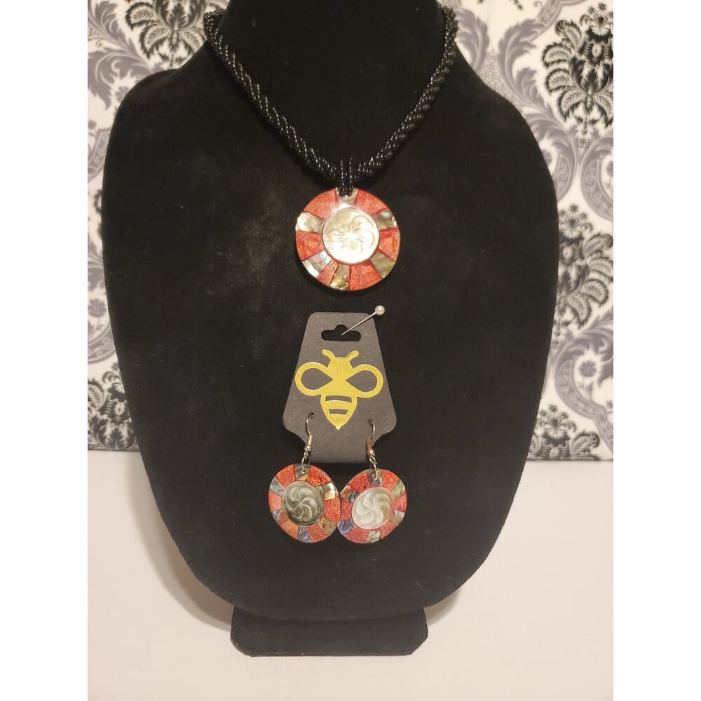 Necklace 17" and Earrings 2" set Red Corral Mother of pearl